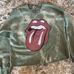 Hot Pink Sequin Lips Olive Bleached Sweatshirt